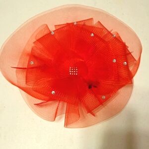 ``RH25910 Red Mesh Fascinator with Rhinestone & Feathers